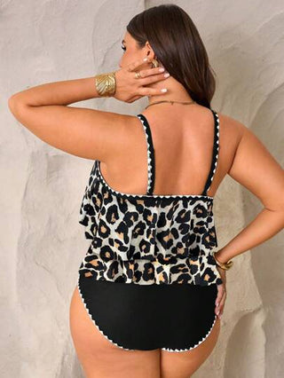 Swim Lushoire مجموعة من قطعتين للمرأة المقاسات الكبيرة، توب بحمالات رفيعة بتصميم ذو كشكشة مزدوجة باللون الأخضر مع بنطلون خصر عالي بتصميم منقوش وكشكشة، ملابس الصيف والشاطئ