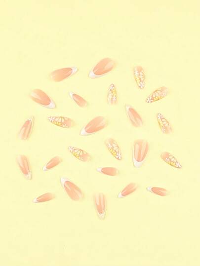 24 قطعة من أظافر الضغط الصيفية، أظافر صناعية فرنسية بيضاء، أظافر صفراء فرنسية، ضغط على شكل لوز متوسط، فن أظافر بتصميم جديد، مجموعة مانيكير تتضمن ورقة لاصقة واحدة ومبرد صغير، مثالية للارتداء اليومي