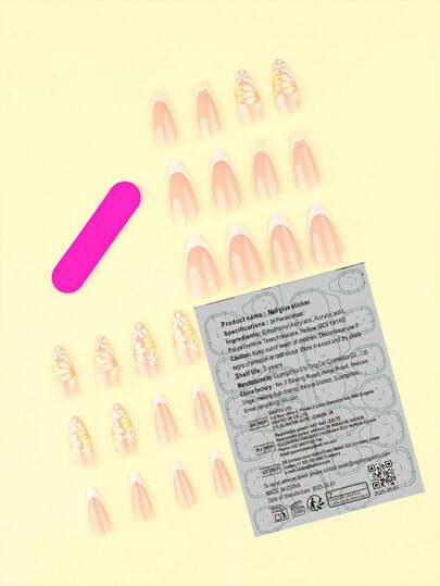 24 قطعة من أظافر الضغط الصيفية، أظافر صناعية فرنسية بيضاء، أظافر صفراء فرنسية، ضغط على شكل لوز متوسط، فن أظافر بتصميم جديد، مجموعة مانيكير تتضمن ورقة لاصقة واحدة ومبرد صغير، مثالية للارتداء اليومي