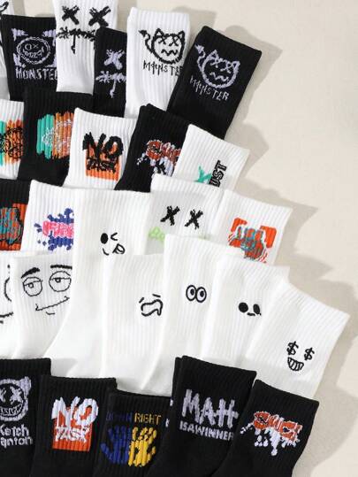 10/20 زوج من الجوارب الرجالية ذات طراز الشارع بطباعة الرسم التجريدي والرسومات الجرافيتية للاستخدام اليومي