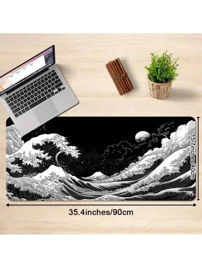 وسادة ماوس كبيرة الحجم للألعاب - قائمة مكتب من المطاط غير الانزلاقية والقابلة للغسل مع تصميم موجة كاناغاوا السوداء والبيضاء الحيوي ، مثالية للاعبين والمحترفين ، وسادة طاولة طويلة وسميكة ، قاعدة لا تنزلق ، أعلى من القماش