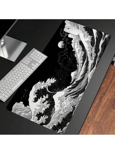 وسادة ماوس كبيرة الحجم للألعاب - قائمة مكتب من المطاط غير الانزلاقية والقابلة للغسل مع تصميم موجة كاناغاوا السوداء والبيضاء الحيوي ، مثالية للاعبين والمحترفين ، وسادة طاولة طويلة وسميكة ، قاعدة لا تنزلق ، أعلى من القماش