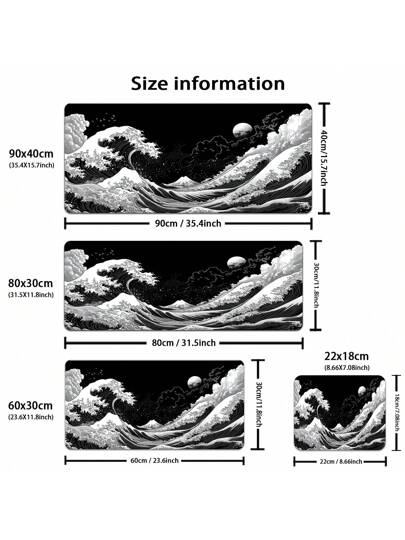وسادة ماوس كبيرة الحجم للألعاب - قائمة مكتب من المطاط غير الانزلاقية والقابلة للغسل مع تصميم موجة كاناغاوا السوداء والبيضاء الحيوي ، مثالية للاعبين والمحترفين ، وسادة طاولة طويلة وسميكة ، قاعدة لا تنزلق ، أعلى من القماش