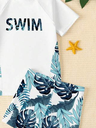 مايوه أولادي مجموعة ملابس السباحة المكونة من بلوزة بطباعة "SWIM" و شورت سباحة ذو طباعة أشجار جوز الهند، ملائمة للفتى البالغ بلوك كاجوال مينيمالست، مناسبة لفصل الصيف، الشاطئ، السباحة، وركوب الأمواج