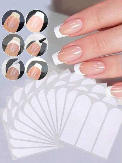 18 ورقة (864 قطعة) ملصقات فرنسية للمناكير، ملصقات أظافر لاصقة ذاتياً لزخرفة الأظافر - تصميم على شكل هلال مناسب لطلاء الأظافر والترصيع للقيام بمناكير فرنسي خالي من الانسكاب