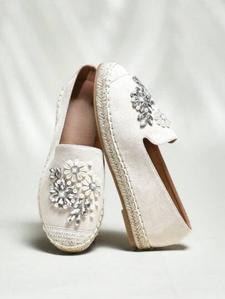 SHUZIA بناطيل نسائية شتوية مريحة من نوع Espadrilles مزينة باللؤلؤ والإكسسوارات من الراين