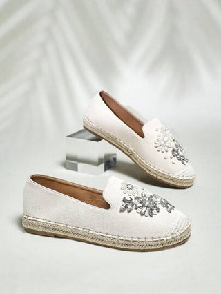 SHUZIA بناطيل نسائية شتوية مريحة من نوع Espadrilles مزينة باللؤلؤ والإكسسوارات من الراين
