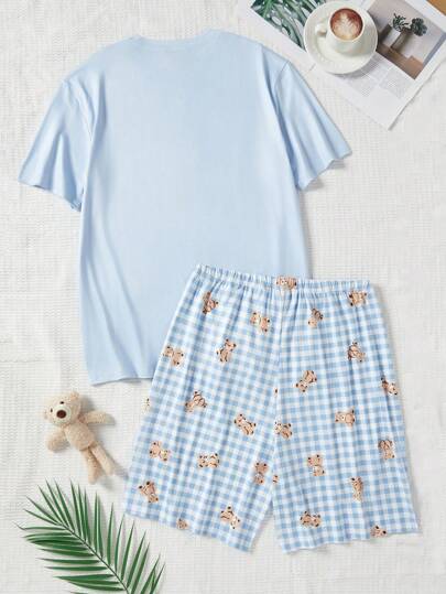 بدلة منزلية رجالية بقصة قصيرة من القماش المربع الأزرق الفاتح مع طباعة الدب، فيت عادي، بتصميم بسيط