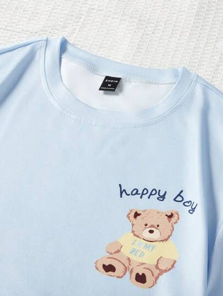 بدلة منزلية رجالية بقصة قصيرة من القماش المربع الأزرق الفاتح مع طباعة الدب، فيت عادي، بتصميم بسيط