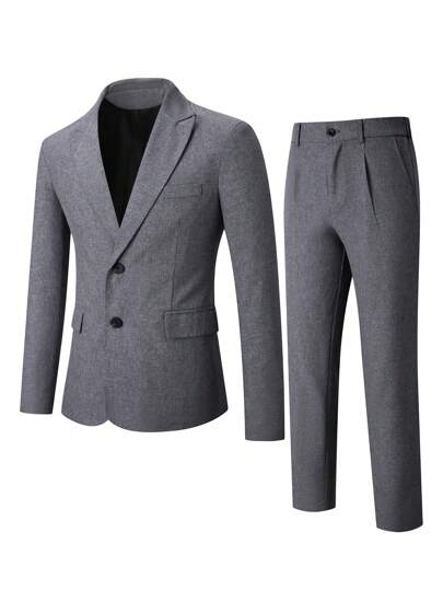 Manfinity Mode بذلة رجالية سادة اللون بجاكيت بياقة وأكمام طويلة وبنطلون مجموعة