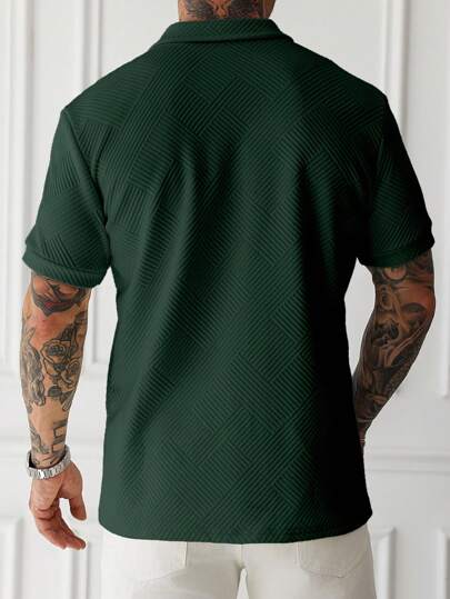 Manfinity Homme قميص بولو قصير الأكمام مزود بسوستة رجالي بلون واحد