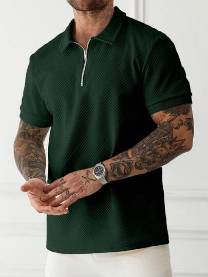 Manfinity Homme قميص بولو قصير الأكمام مزود بسوستة رجالي بلون واحد