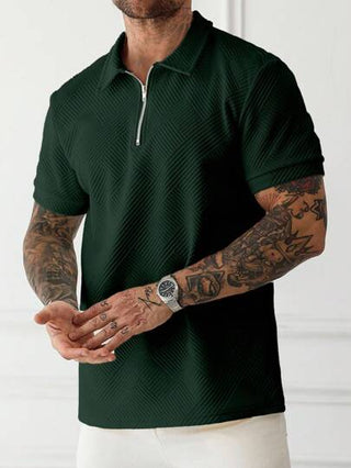 Manfinity Homme قميص بولو قصير الأكمام مزود بسوستة رجالي بلون واحد