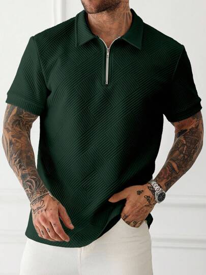 Manfinity Homme قميص بولو قصير الأكمام مزود بسوستة رجالي بلون واحد