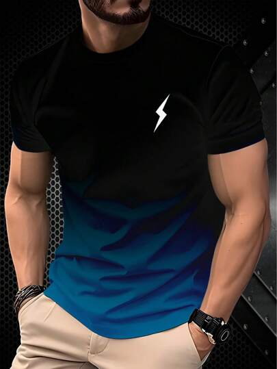 قميص رياضي كاجوال متدرج من الأزرق إلى الأسود للرجال، مزخرف برسمة البرق، ياقة طاقم للاستخدام اليومي والتمارين الرياضية في الجيم والتمارين الرياضية