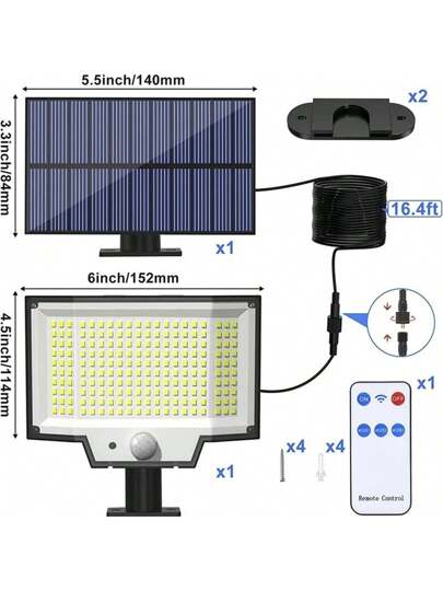1 قطعة مصباح حائطي خارجي يعمل بالطاقة الشمسية، 200 مصباح ليد عالي السطوع، سهل التركيب، تحكم عن بُعد، بطارية 1800 مللي أمبير، عمر بطارية طويل، مناسب للاستخدام الخارجي في الحدائق