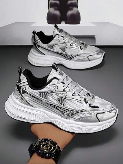 أحذية قارب كاجوال سهلة الارتداء مقاس كبير للرجال، أحذية رياضية هوائية ذات منصة مسطحة موضة للشباب، أحذية مشي للطالب، موسم الربيع/الصيف/الخريف، باللون الفضي