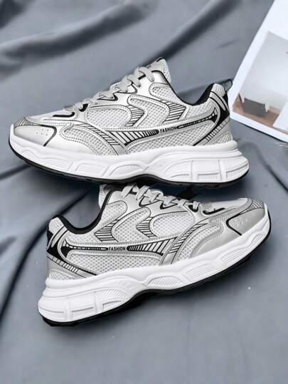 أحذية قارب كاجوال سهلة الارتداء مقاس كبير للرجال، أحذية رياضية هوائية ذات منصة مسطحة موضة للشباب، أحذية مشي للطالب، موسم الربيع/الصيف/الخريف، باللون الفضي