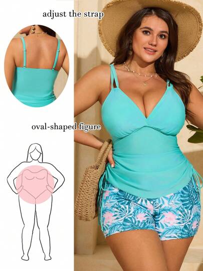 Swim Lushoire مجموعة (2) قطعة ملابس علوية حمالات رفيعة باللون الأخضر النعناعي مع شورت طباعة نباتية للسيدات ذو المقاسات الكبيرة ، ملابس شاطئ، إجازة صيفية