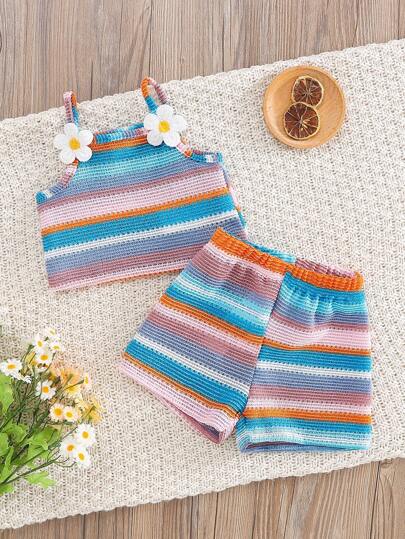 طقم مكون من قطعتين من لباس علوي قصير بدون أكمام مطرز بالزهور ومخطط للبنات الصغيرات وشورت بخصر مطاطي، ملابس كاجوال للارتداء اليومي والشاطئ والصيف