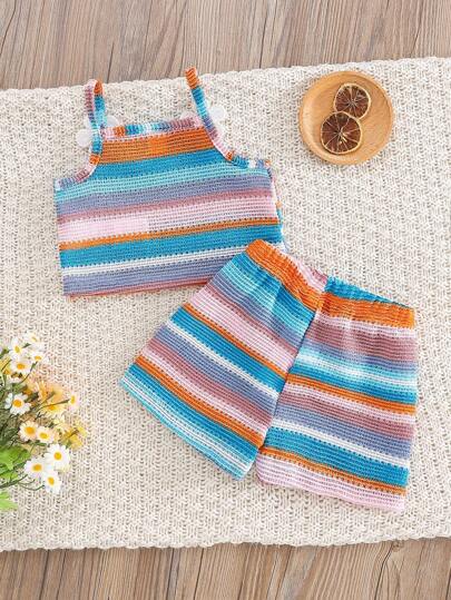 طقم مكون من قطعتين من لباس علوي قصير بدون أكمام مطرز بالزهور ومخطط للبنات الصغيرات وشورت بخصر مطاطي، ملابس كاجوال للارتداء اليومي والشاطئ والصيف