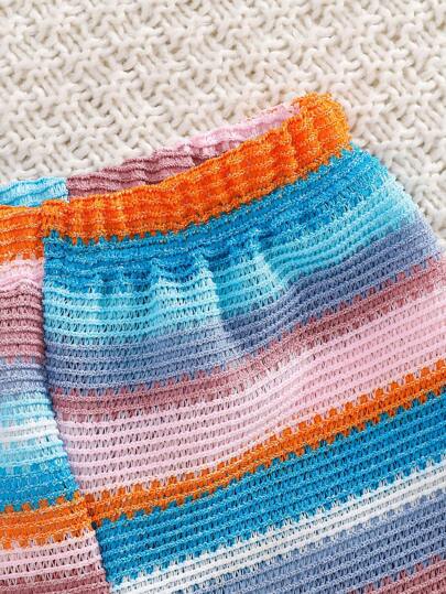 طقم مكون من قطعتين من لباس علوي قصير بدون أكمام مطرز بالزهور ومخطط للبنات الصغيرات وشورت بخصر مطاطي، ملابس كاجوال للارتداء اليومي والشاطئ والصيف