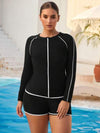 طقم تانكيني حريمي Swim SPRTY كارديجان بتصميم أسود وأبيض مقاس كبير للنساء، وقطعتين للسباحة تشمل بلوزة سباحة متواضعة وشورت، مناسب للشاطئ والتزلج على الأمواج