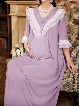 Shein Underwear&Sleepwear Maternity بيجامة حمل بأكمام ثلاثة أرباع وأزرار أمامية من النصف مع رقبة على شكل V، مصنوعة من قصاصات الدانتيل بطبقتين مفرطة الحجم