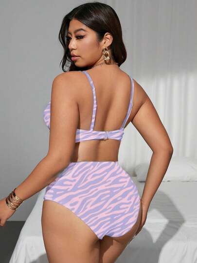 Swim SXY بيكيني طقم لحجم إضافي للنساء 2 قطعة طبعة زيبرا أخضر نعناع رانده الزهور، ملابس سباحة راقية