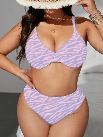 Swim SXY بيكيني طقم لحجم إضافي للنساء 2 قطعة طبعة زيبرا أخضر نعناع رانده الزهور، ملابس سباحة راقية