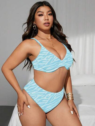 SHEIN Swim Curve مجموعة بكيني للمرأة ذات الحجم الإضافي قطعتين ، لامعة بنمط برتقالي أزرق أنيق وبنمط الزيبرا عشوائي