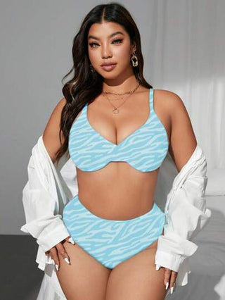 SHEIN Swim Curve مجموعة بكيني للمرأة ذات الحجم الإضافي قطعتين ، لامعة بنمط برتقالي أزرق أنيق وبنمط الزيبرا عشوائي