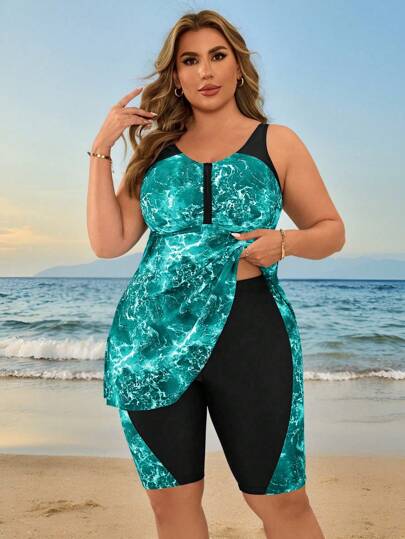 Swim Lushoire مجموعة ملابس سباحة كامي ذات طبعة صبغ بالربط للنساء ذوات الحجم الكبير، ملابس للعطلة الشاطئية