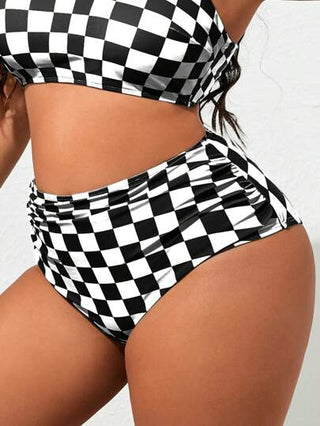 Slaydiva سروال نسائي بطباعة شطرنج عشوائية للمقاسات الكبيرة، قطعة سفلية للملابس السباحة حديثة ذات خصر مرتفع للاستخدام على الشاطئ والمسبح