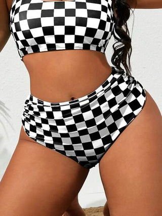 Slaydiva سروال نسائي بطباعة شطرنج عشوائية للمقاسات الكبيرة، قطعة سفلية للملابس السباحة حديثة ذات خصر مرتفع للاستخدام على الشاطئ والمسبح