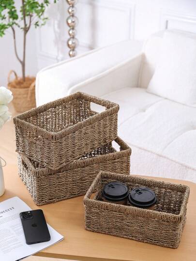 1 قطعة/3 قطع سلة تخزين مُنسوجة يدويًا،منظم من القصب للحمام والمطبخ والنوم والغسيل وديكور المنزل - منظم طاولة كبير مصنوع يدويًا من الخيزران لورق المرحاض والمستحضرات التجميلية ، منظم للرفوف، حفلات خارجية، وإكسسوارات المكتب