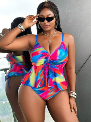 SHEIN Swim Curve مجموعة من 2 قطعة سهلة من اللباس الداخلي والبيكيني للسيدات البدينات، صيفي مناسب للشاطئ