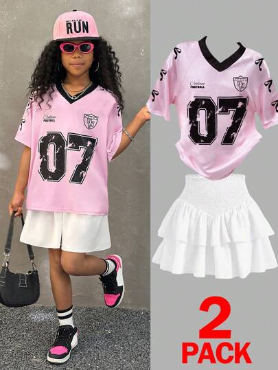 ملابس رياضية أطفال Coolane ملابس صيفية لفتيات المراهقات عبارة عن قميص جيرسيه وتنورة فقاعية قطعتين مع رسم وردي ومخطط أرقام وفيونكة