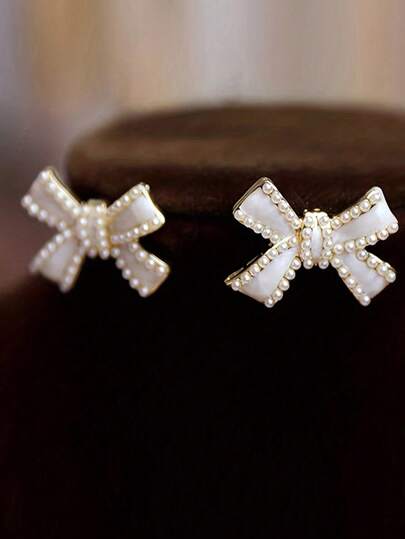 3 قطع/مجموعة من طقم المجوهرات الأنيق المزين بالخرز الاصطناعي، أقراط دبابيس ذات الشكل القوس وقلادة، مناسبة للحفلات، هدية للفتيات