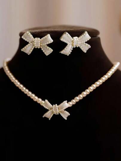 3 قطع/مجموعة من طقم المجوهرات الأنيق المزين بالخرز الاصطناعي، أقراط دبابيس ذات الشكل القوس وقلادة، مناسبة للحفلات، هدية للفتيات