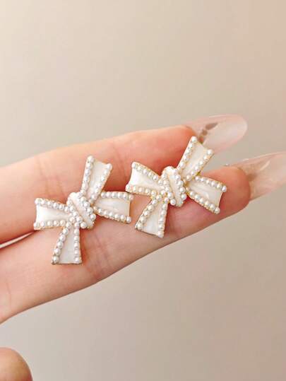 3 قطع/مجموعة من طقم المجوهرات الأنيق المزين بالخرز الاصطناعي، أقراط دبابيس ذات الشكل القوس وقلادة، مناسبة للحفلات، هدية للفتيات