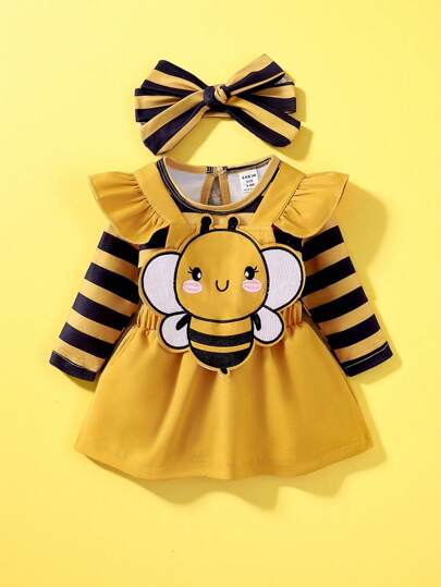 فساتين بيبي Persoplay Kids طقم بيبي جيرلز يتكوّن من ملابس علوية بأكمام طويلة مخطط بنمط النحلة + بنطلون ترهيم رسمي بنمط النحلة