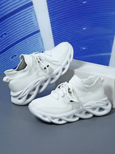 أحذية رياضية رجالية كاجوال بيضاء، أحذية جري رياضية متعددة الاستخدامات لجميع الفصول، مع لوحة زخرفية قابلة للإزالة، من قماش محبك قابل للتنفس، مع نعل ماص للصدمات، ذات تصميم سهل الارتداء