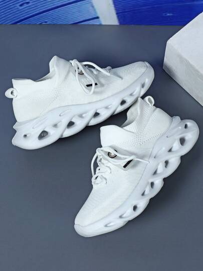 أحذية رياضية رجالية كاجوال بيضاء، أحذية جري رياضية متعددة الاستخدامات لجميع الفصول، مع لوحة زخرفية قابلة للإزالة، من قماش محبك قابل للتنفس، مع نعل ماص للصدمات، ذات تصميم سهل الارتداء