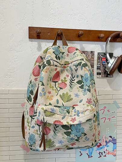 حقيبة ظهر نسائية بسيطة واسعة السعة بطبعة زهرية كلاسيكية، لوازم العودة إلى المدرسة