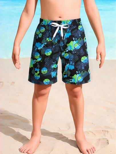 مايوه أولادي صندوق سحب شاطئ مطبوع بطباعة كرة القدم وملابس السباحة للأولاد