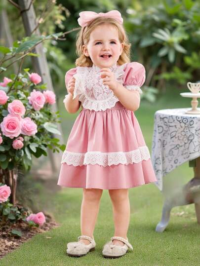 فساتين بيبي فستان مطابق مزين بكشكشة وأكمام منتفخة للبنات الرضع