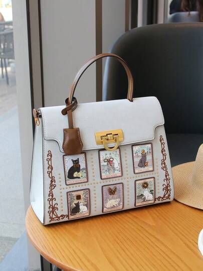 حقيبة يد نسائية موضة 2025 ، حقيبة كتف بتصميم متميز ، حقيبة عمل كبيرة الحجم فاخرة ، حقيبة يد مطبوع عليها قطة كرتونية ، حقيبة كتف كاجوال متعددة الاستخدامات