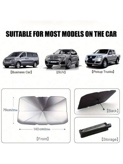 واقي شمس للسيارة عالمي للزجاج الأمامي، قابل للطي على شكل مظلة، مانع للأشعة فوق البنفسجية وللحرارة، مناسب لطرازات متنوعة من السيارات الرياضية متعددة الاستخدامات والشاحنات والشاحنات