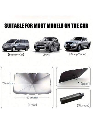 واقي شمس للسيارة عالمي للزجاج الأمامي، قابل للطي على شكل مظلة، مانع للأشعة فوق البنفسجية وللحرارة، مناسب لطرازات متنوعة من السيارات الرياضية متعددة الاستخدامات والشاحنات والشاحنات